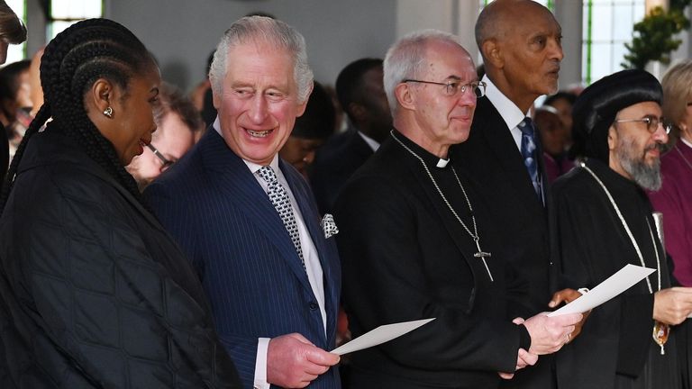 The King accompanied by the Archbishop of Canterbury at an Advent service last year