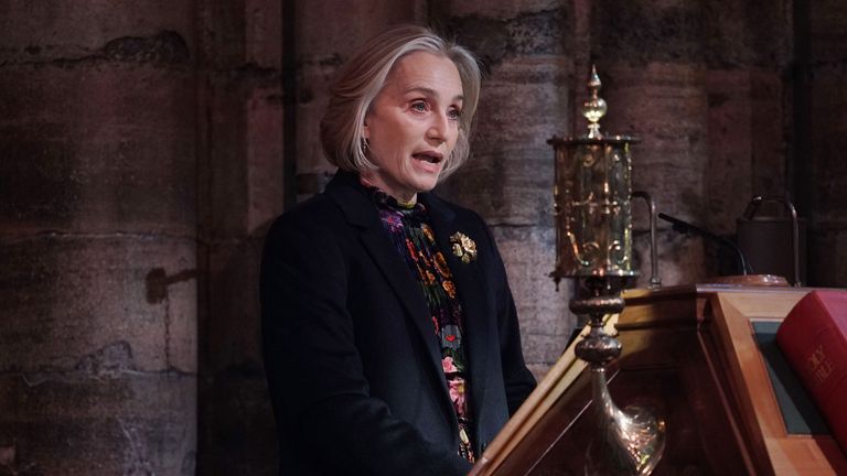 Dame Kristen Scott Thomas reading Michael Guite&#39;s poem, Refugee, during the &#39;Together at Christmas&#39; Carol Service at Westminster Abbey in London 