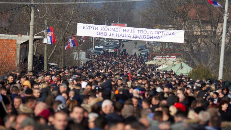 A banner reading “Kurti, Kosovo is not your turf it is our ancestral land” is seen as local Serbs carry a protest against the government near a roadblock in Rudare, near the northern part of the ethnically-divided town of Mitrovica, Kosovo, December 22, 2022. REUTERS/Miodrag Draskic NO RESALES. NO ARCHIVES.