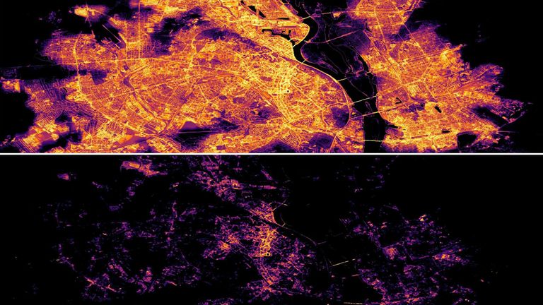 Top - Kyiv night-time lights in January 2022 as captured by NASA satellites.
Bottom - Night-time lights over Kyiv as captured by NASA satellites in November 2022. 
