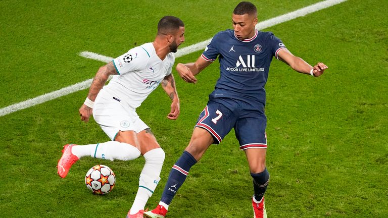 Kyle Walker and Kylian Mbappe during a Champions League match at the Parc des Princes in September 2021 (Pic: AP)