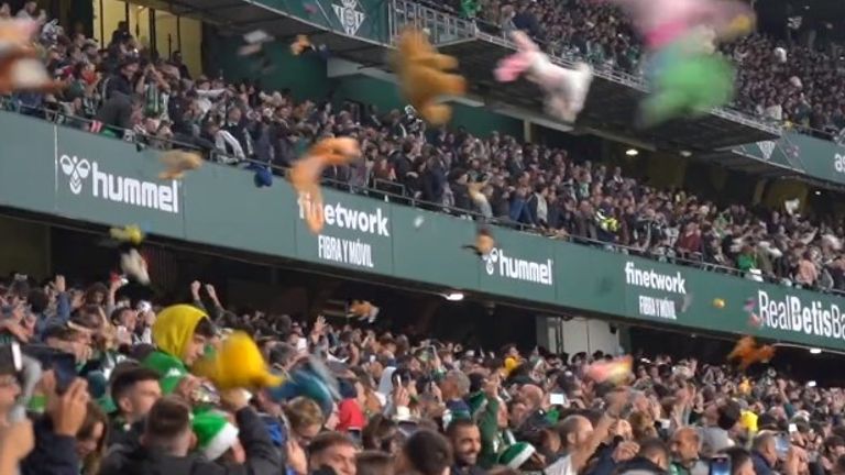 Fans of Spanish La Liga club Real Betis have kept up with their annual gift-giving tradition and showered their pitch with 14,000 toys for disadvantaged children. Pic: Real Betis Foundation