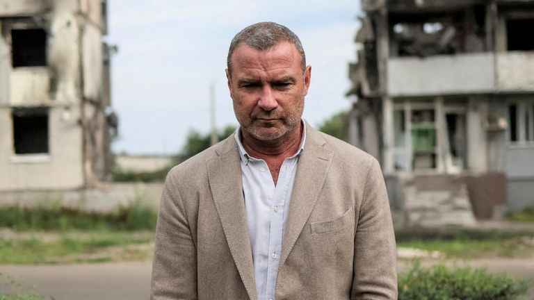 Liev Schreiber visits the town of Borodianka, which was heavily damaged during Russia&#39;s invasion of Ukraine, in Kyiv region, August 2022