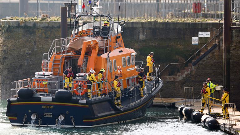 A lifeboat returns to the Port of Dover amid a rescue operation of a missing migrant boat, in Dover