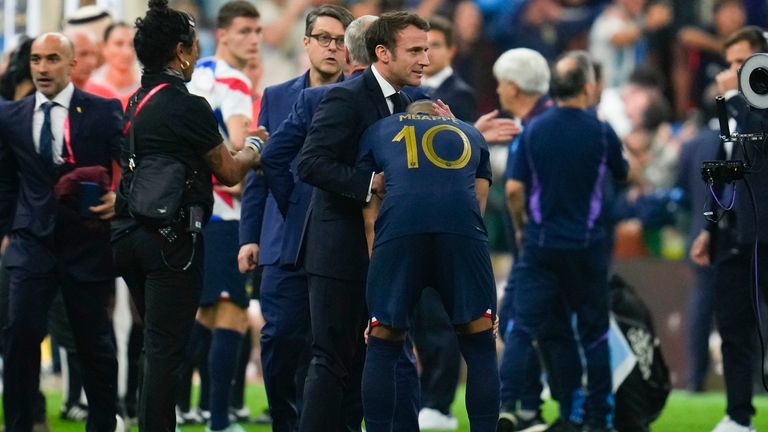 France&#39;s President Emmanuel Macron conforts France&#39;s Kylian Mbappe at the end of the World Cup final. Pic: AP