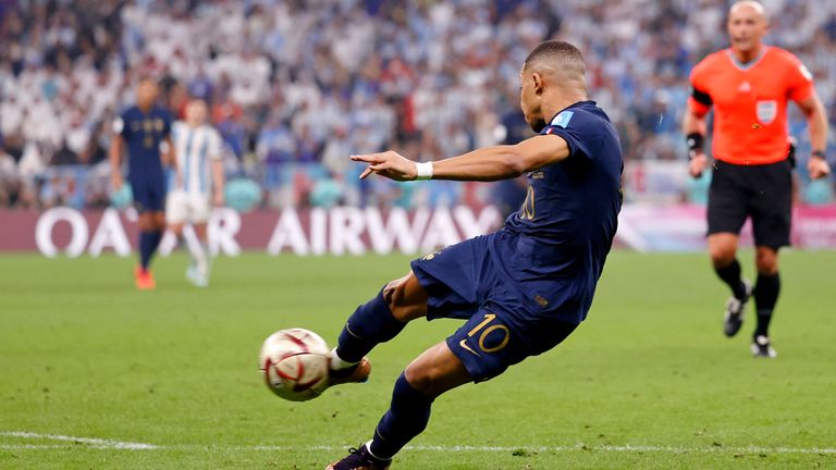 Mbappe volleys home France&#39;s second goal to equalise against Argentina Pic: Yukihito Taguchi-USA TODAY Sports