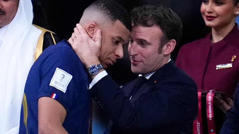 French President Emmanuel Macron praised France's Kylian Mbappe.  Photo: AP