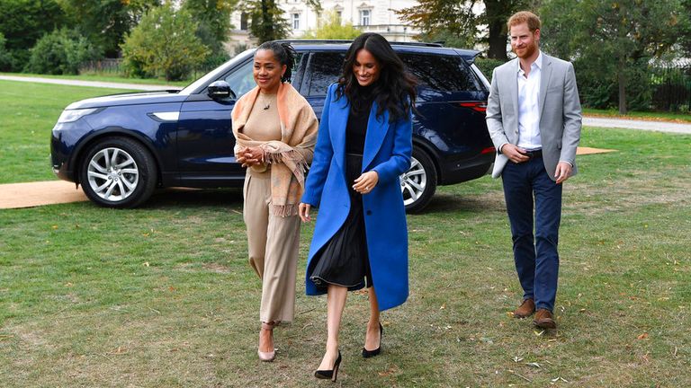The Sussexes pictured with Meghan&#39;s mother, Doria Ragland, at Kensington Palace in 2018 Pic: AP 