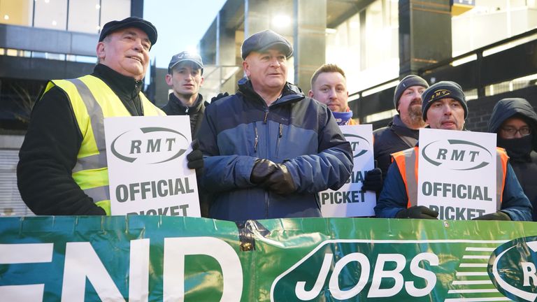 Mick Lynch  general secretary of the Rail, Maritime and Transport union (RMT) joins members on the picket line outside London Euston train station 