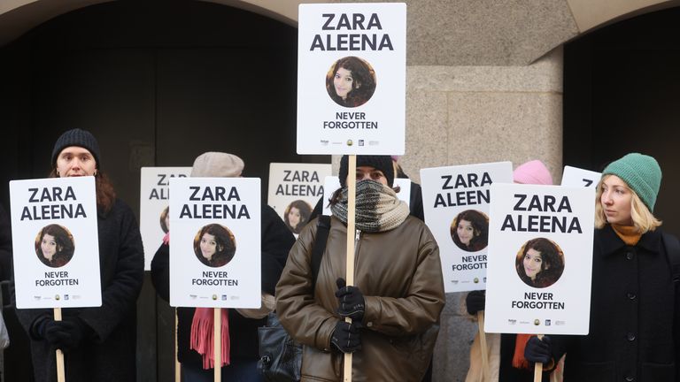 Protesters from Million Women Rise gather outside the Old Bailey in London, ahead of the sentencing of Jordan McSweeney for the murder of law graduate Zara Aleena.  