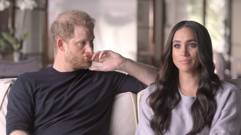 Meghan talks about her miscarriage Screen capture from Harry and Meghan Netflix documentary Harry and Meghan PIC: NETFLIX
