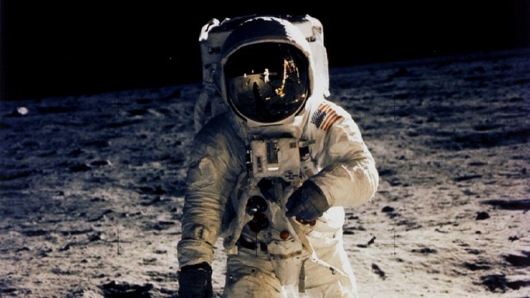 Astronaut Edwin "Buzz" Aldrin walks on the moon July 20, 1969, photographed by fellow astronaut Neil Armstrong, who said of the landing by Apollo II crew "That&#39;s one small step for a man, one giant leap for mankind". Footprints on the lunar dust are visible on the lower left of the picture. 1994 marks the 25th anniversary of man&#39;s first walk on the moon
