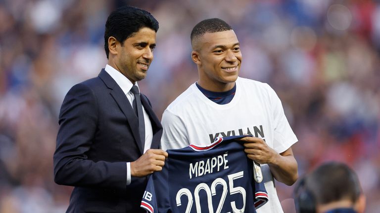 Nasser Al-Khelaifi with Kylian Mbappe in May