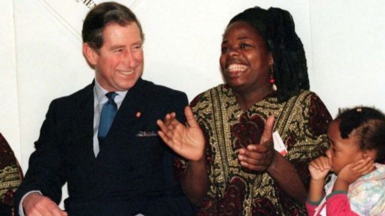 Ngozi Fulani and her two-year-old daughter with King Charles at a Prince&#39;s Trust event in December 1997