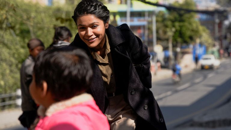 Nihita Biswas, who claims to be the wife of Charles Sobhraj walks outside the Department of Immigration 