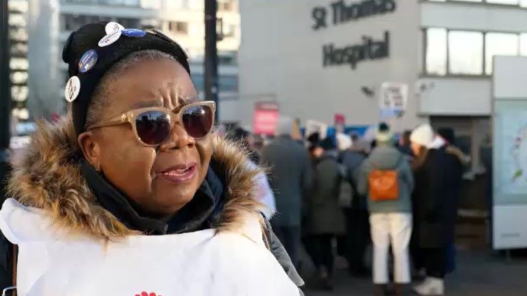 Ashish Joshi talks to Kafeelat Adekune one of the striking nurses outside St Thomas' hospital in London