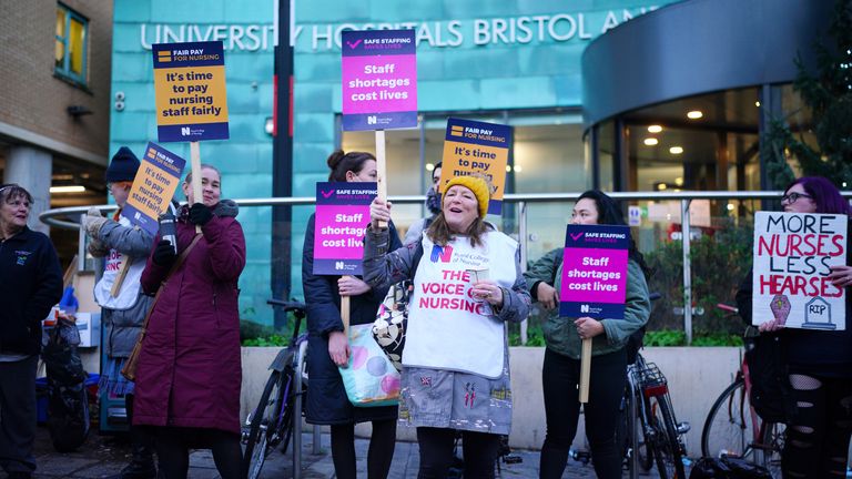 Members of the Royal College of Nursing (RCN) on the picket line outside the Bristol Royal Infirmary