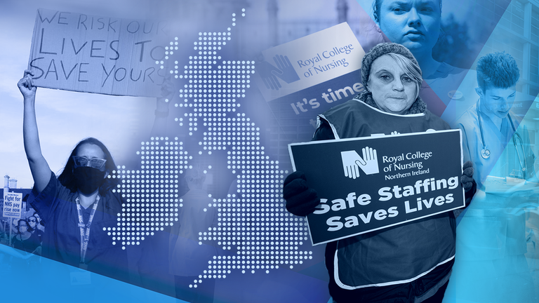 Sky News graphic/image for NHS nurses/strikes explainer