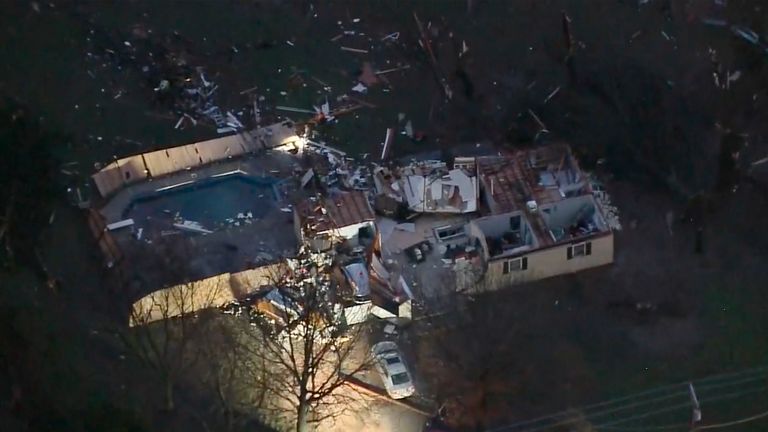 A structure is damaged after a tornado touched down in Wayne,  Oklahoma.  
KOCO /AP