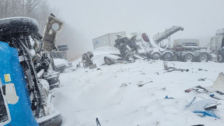 Vehicles involved in multiple collisions are seen on the HWY 401 and HWY 402 corridors near London, Ontario, Canada, on December 23, 2022. Image: OPP West Region.