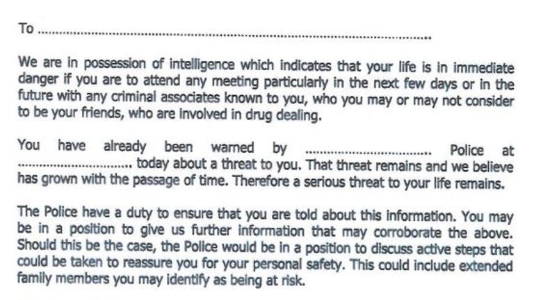 An example of a &#39;threat to life&#39; warning letter issued by police