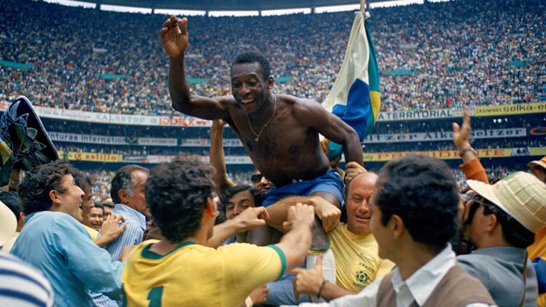 Pele is hoisted on the shoulders of his teammates after Brazil won the World Cup final, beating Italy 4-1 in Mexico City. Pic: AP
