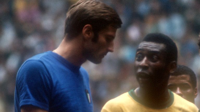 Pelé and his Italian opponent Giacinto Facchetti during the 1970 World Cup final in Mexico City.  Photo: AP