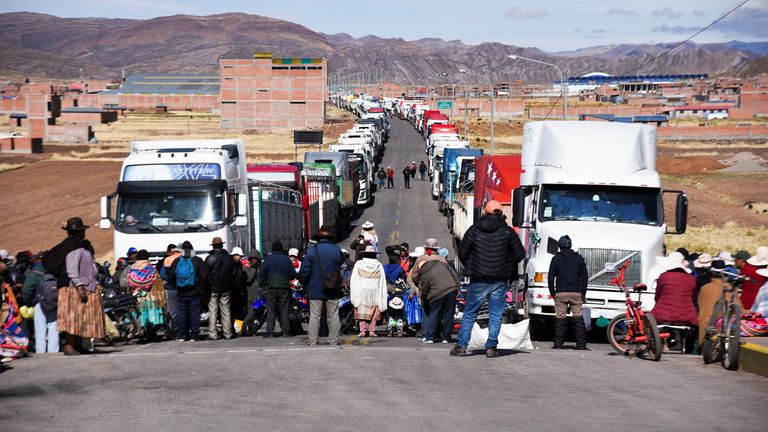 Protesters block the border between Peru and Bolivia on Friday