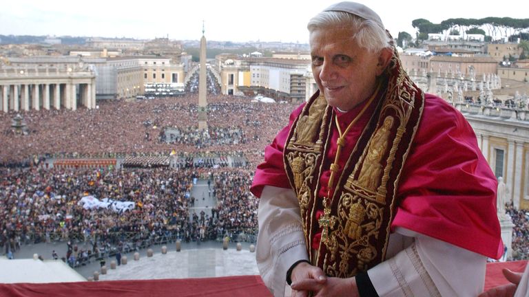 Pope Benedict XVI, Cardinal Joseph Ratzinger of Germany, appears on the balcony of St. Peter's Basilica in the Vatican.  