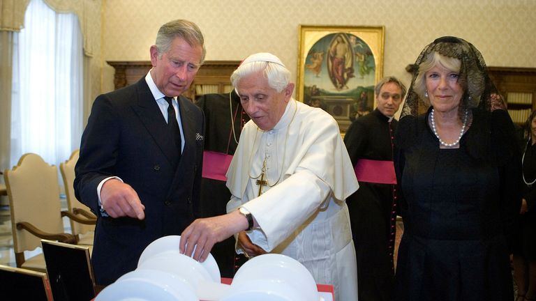 Pope Benedict XVI during a meeting in his private library with Prince Charles and Camilla, Duchess of Cornowall. Vatican 27 April, 2009  
PIC:AP