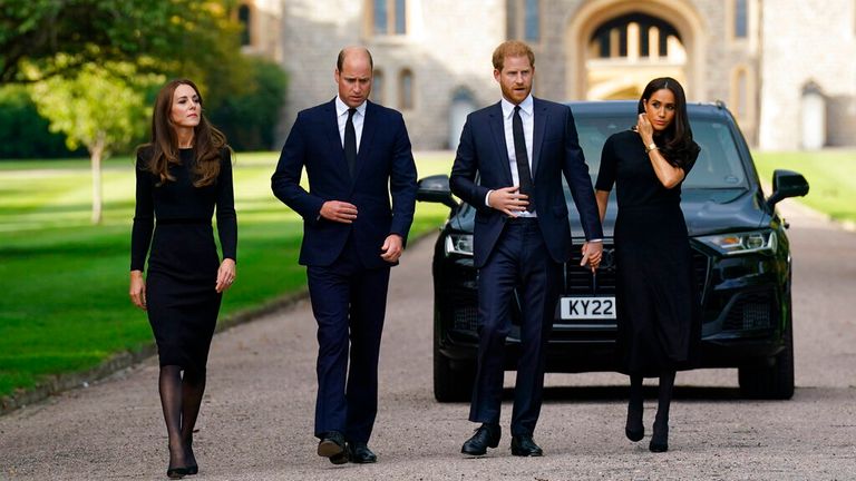 FILE - From left, Kate, the Princess of Wales, Prince William, Prince of Wales, Prince Harry and Meghan, Duchess of Sussex walk to meet members of the public at Windsor Castle, following the death of Queen Elizabeth II on Thursday., in Windsor, England, Saturday, Sept. 10, 2022.  Prince Harry and his wife, Meghan, are expected to vent their grievances against the monarchy when Netflix releases the final episodes of a series about the couple...s decision to step away from royal duties and make a new start in America.(Kirsty O'Connor/Pool Photo via AP, File)