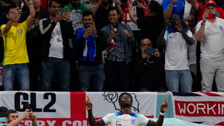 Bukayo Saka celebrates scoring England&#39;s third goal of the match Pic: AP 