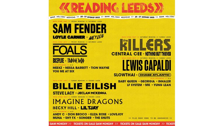Undated handout image issued by Reading and Leeds Festival of the 2023 festival poster. The festival line-up includes headliners Sam Fender, The Killers, Lewis Capaldi and Billie Eilish and will take place on the weekend of August 25 to 27, 2023. Issue date: Friday December 9, 2022.