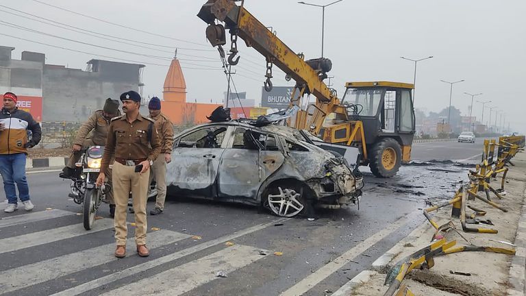 Police at the scene of the accident, near Roorkee in the northern Indian state of Uttarakhand. Pic: AP