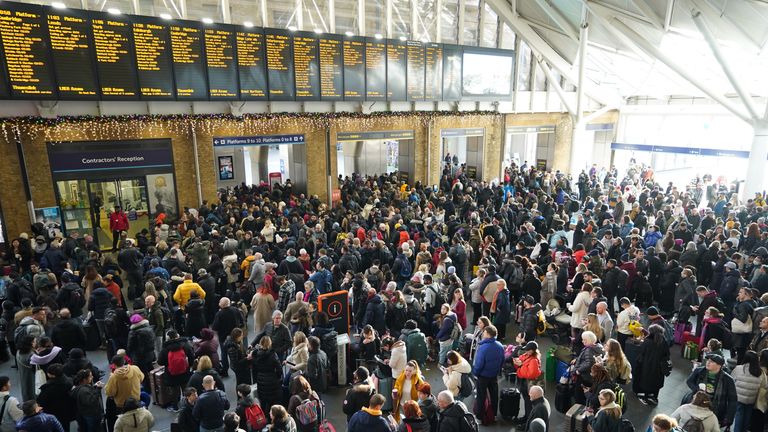 Passengers at King&#39;s Cross station in London following a strike by members of the Rail, Maritime and Transport union (RMT), in a long-running dispute over jobs and pensions 