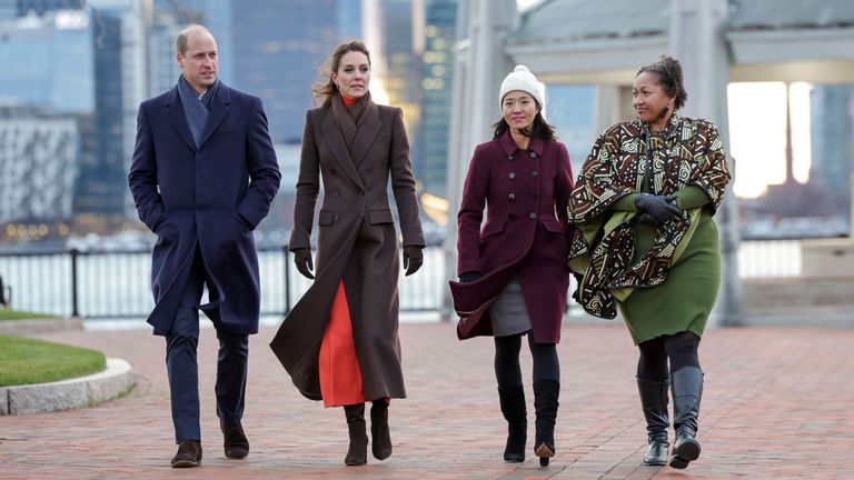 The Prince and Princess of Wales (left) walk with Mayor Michelle Wu and Reverend Mariama White-Hammond (right) during a visit to Boston Harbour Defences