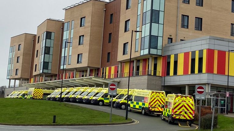 Queues of ambulances lining up outside Royal Stoke University Hospital on New Year&#39;s Eve.