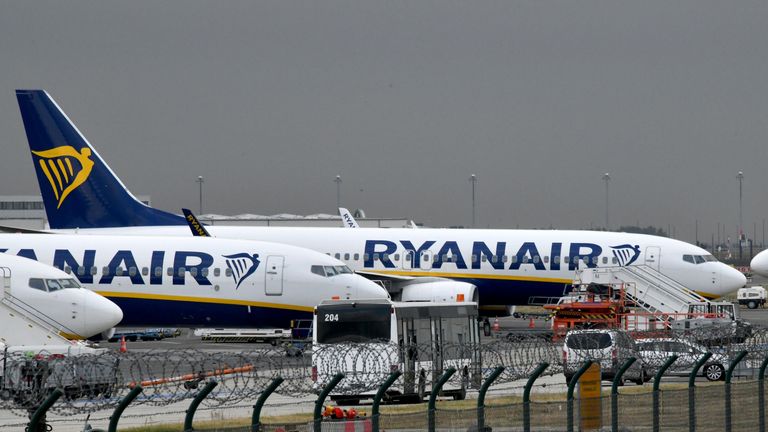 A parked Ryanair aircraft at Sch&#39;nefeld airport, during the strikes in 2018. Pic: AP