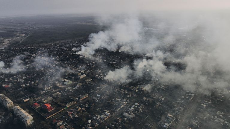 Smoke rises after Russian attacks in the outskirts of Bakhmut, Ukraine PIC:AP