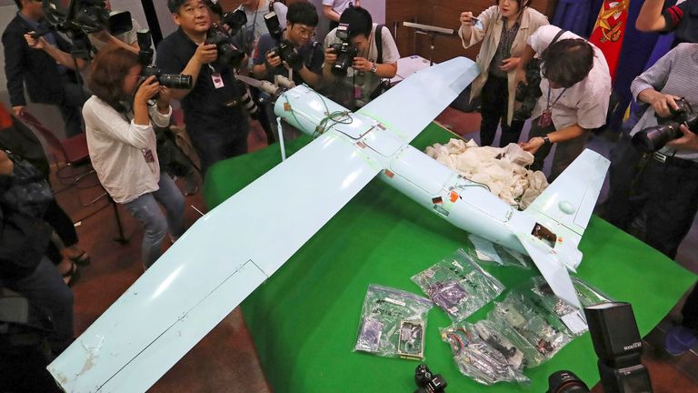 FILE - A suspected North Korean drone is viewed at the Defense Ministry in Seoul, South Korea, on June 21, 2017. South Korea said Monday, Dec. 26, 2022, it fired warning shots after North Korean drones violated the South...s airspace. (Lee Jung-hoon/Yonhap via AP, File)