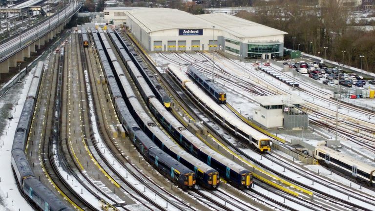 Southeastern trains parked in sidings near Ashford station in Kent, during a strike