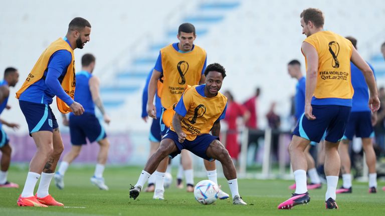 England's Raheem Sterling during a training session at Al Wakrah Sports Complex in Al Wakrah, Qatar.  Date taken: Friday, December 9, 2022.