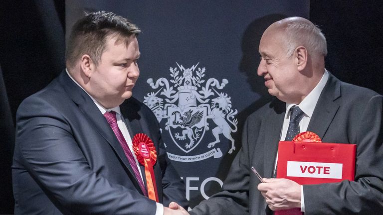 Labour candidate Andrew Western (left) is congratulated by Labour regional officer Andy Smith (right) after Mr Western was declared the winner of the Stretford and Urmston by-election at Old Trafford in Greater Manchester, after Kate Green stepped down triggering the by-election. Nine candidates were in the bidding to succeed her as the MP for the Labour stronghold in the south west of Greater Manchester. Picture date: Friday December 16, 2022.