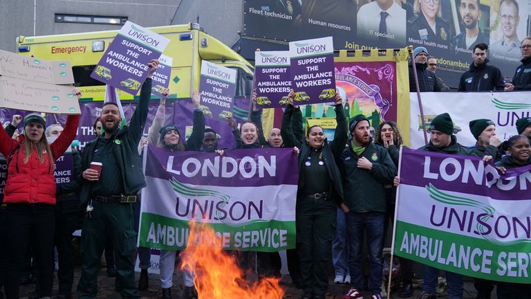 Ambulance workers on the picket line outside Waterloo ambulance station in London
