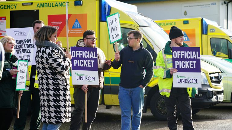 Ambulance workers on the picket line outside Soundwell Ambulance Station, Bristol