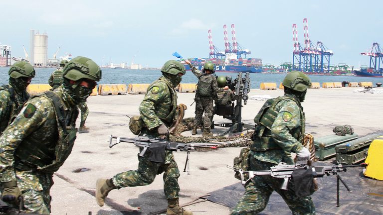 Taiwan military forces conduct anti-landing drills during the annual Han Kuang military exercises near New Taipei City in Taiwan on Wednesday, July 27, 2022. Pic: Taiwan Ministry of National Defence via AP