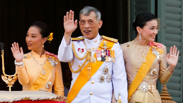 From left: Princess Bajrakitiyabha Mahidol, Thai King Maha Vajiralongkorn and Thai Queen Suthida
