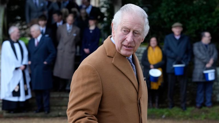 King Charles III leaves after attending the Christmas day service at St Mary Magdalene Church in Sandringham in Norfolk, England, Sunday, Dec. 25, 2022. (AP Photo/Kirsty Wigglesworth)