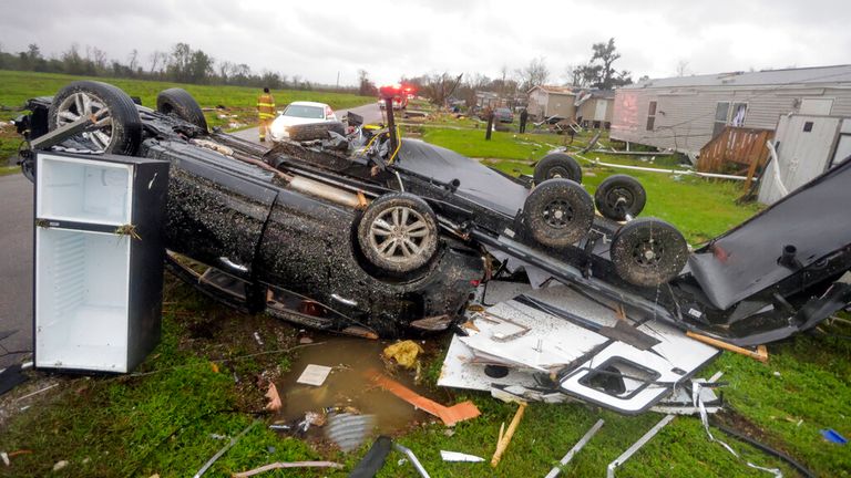 Damage is seen along Schoolhouse Road after a tornado moved through the Kerona, Louisiana area on Wednesday, Dec. 12.  14th, 2022.  (Brett Duke/The Times-Picayune/The New Orleans Advocate via AP)