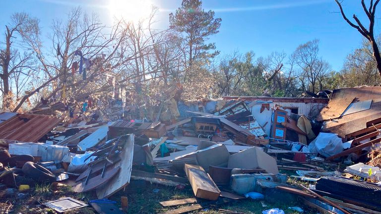 Garbage piles up after bad weather on Wednesday, December 12.  Keithwell, Louisiana, 14, 2022. A violent storm sweeping the U.S. spawned tornadoes that killed a young boy and his mother in Louisiana, destroyed mobile homes and chicken coops in Mississippi and threatened neighboring southern states, with the weather getting worse Wednesday .  (AP Photo/Jack Bleiberg)